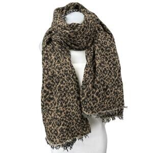 Zara Brown Black Wool Knit Leopard Animal Print Fringe Shawl Wrap Scarf Size M
